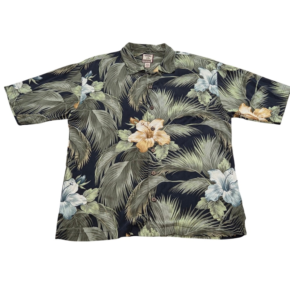 Tommy Bahama Silk Hawaiian Shirt Floral Palm Tree Print Mens Large